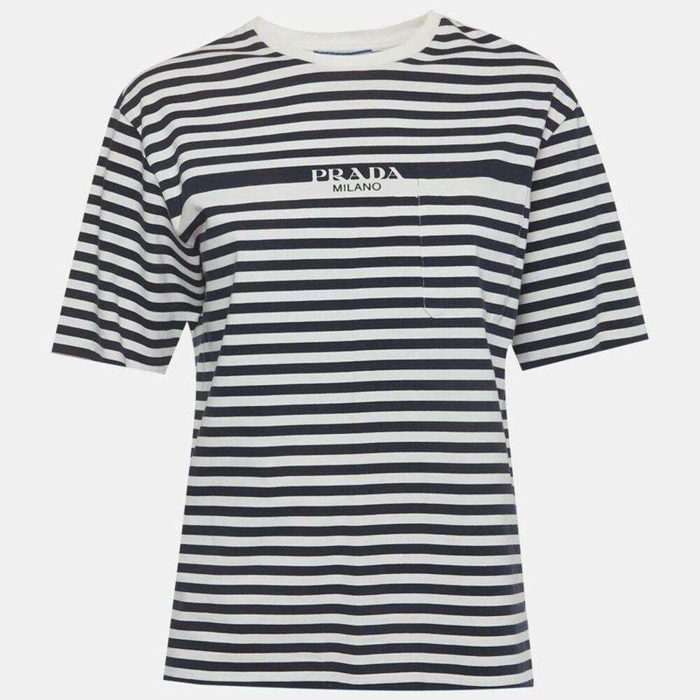 Prada White/navy Blue Striped Logo Print Cotton Knit T-Shirt Xs